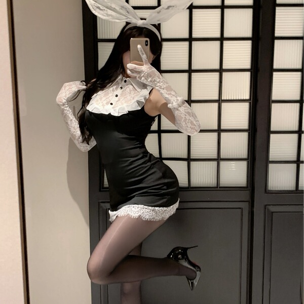 Pure & seductive lace bodycon bunny costume - no-remove sexy lingerie set for small bust, featuring black bodice with white l...