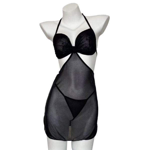 Black lace bodysuit dress with french-style cutout wrap design, neck tie, and sheer mesh overlay for a seductive look.