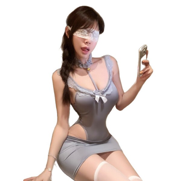 Woman wearing gray lace bodysuit with high-waisted skirt, blindfolded, holding phone — pure & seductive q-qny style set.