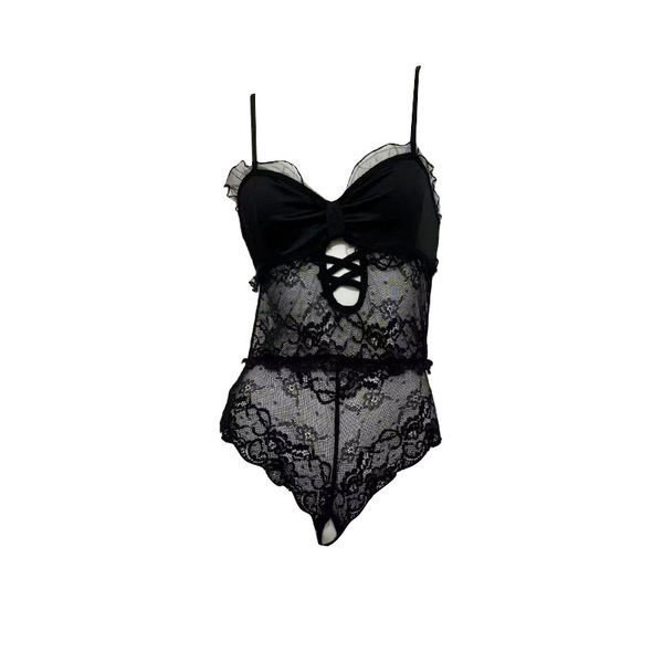 Pure & seductive lace bodysuit - sheer mesh sensual lingerie with open-crotch design for effortless allure