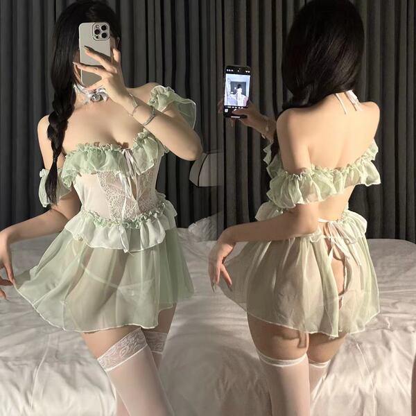 Pure & seductive lace dress set - sheer hanfu sleepwear & cosplay mini skirt outfit featuring delicate lace details and ruffl...