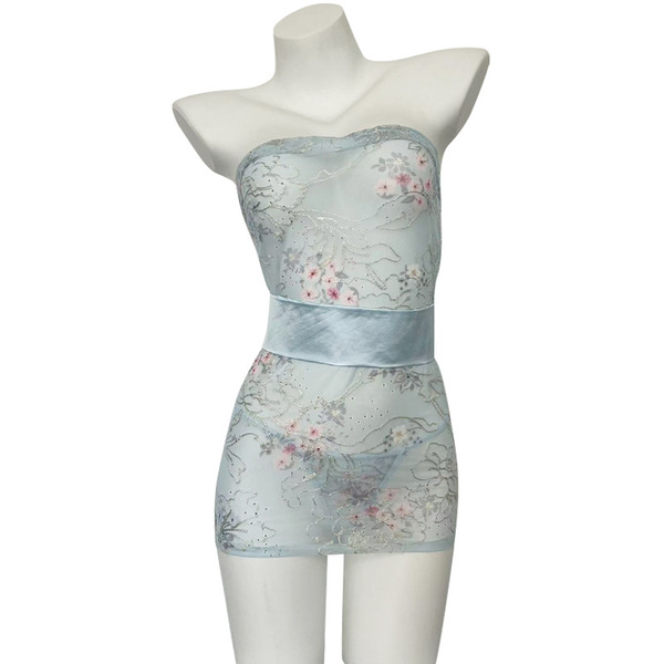 Pure & seductive lace kimono sleep set featuring sheer floral print bodysuit and bodycon nightdress with matching bralette.