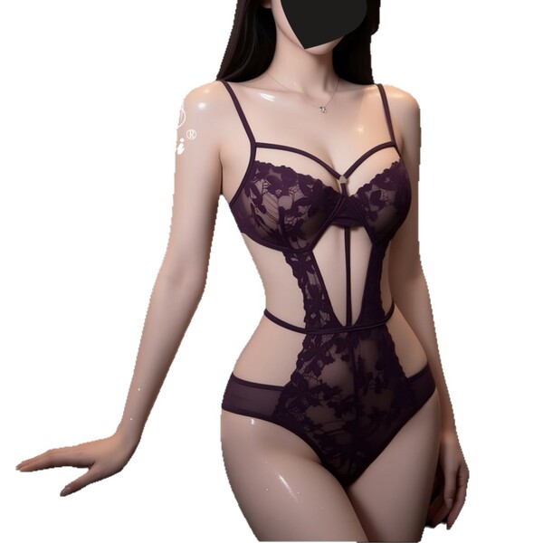 Woman wearing a purple lace lingerie set with sheer panels and intricate floral detailing.