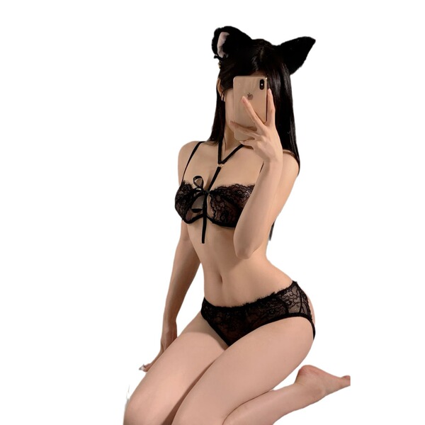 Woman in black lace lingerie set with cat ears, featuring push-up bra and matching panty for small busts.