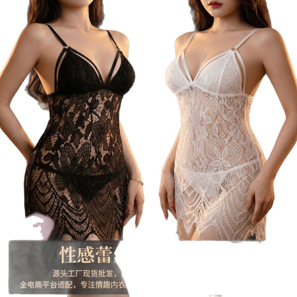 Sheer lace babydoll nightgown in black and white, featuring adjustable straps and delicate floral embroidery for a seductive ...