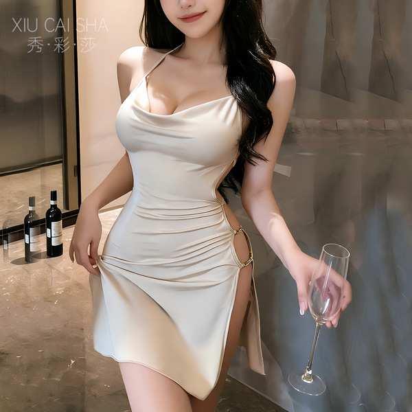 Elegant beige dress with plunging neckline and side slit, perfect for evening events or club wear.