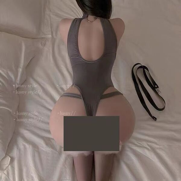 Pure & seductive lingerie bodysuit featuring an open-crotch design, no-remove styling for role play, showcased on a model wea...