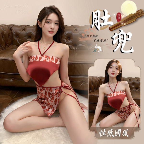 Model wearing red floral pure & seductive lingerie bodysuit – tempting no-remove bedroom set for her, posing on white rug bes...