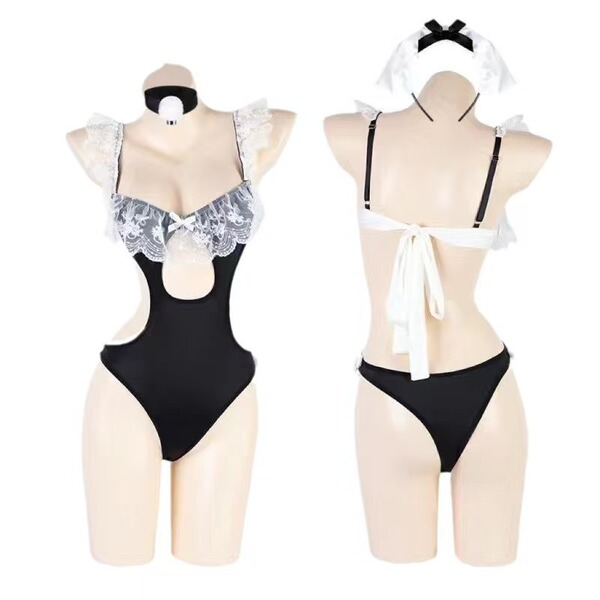 Pure & seductive lingerie set - busty-free lace maid costume sleepwear bodysuit for women featuring black swimsuit with lace ...