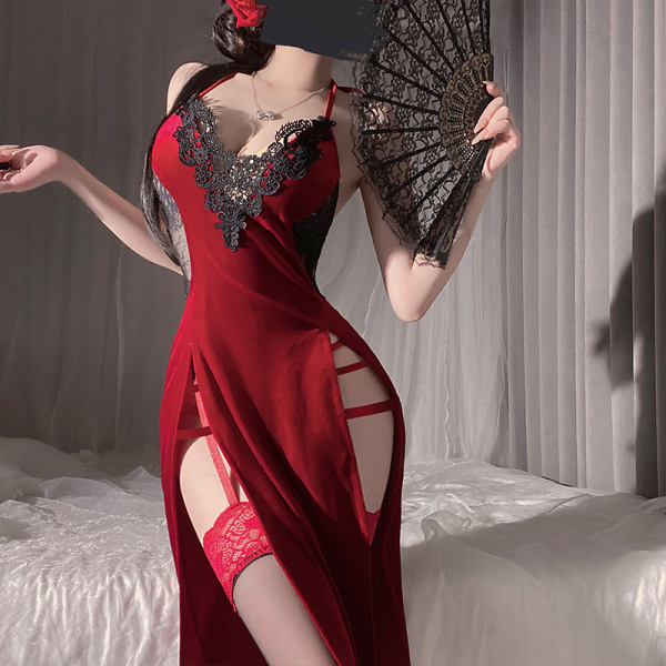 Woman in red lace-trimmed qipao-style lingerie set, holding black fan — elegant sleepwear for intimate moments.