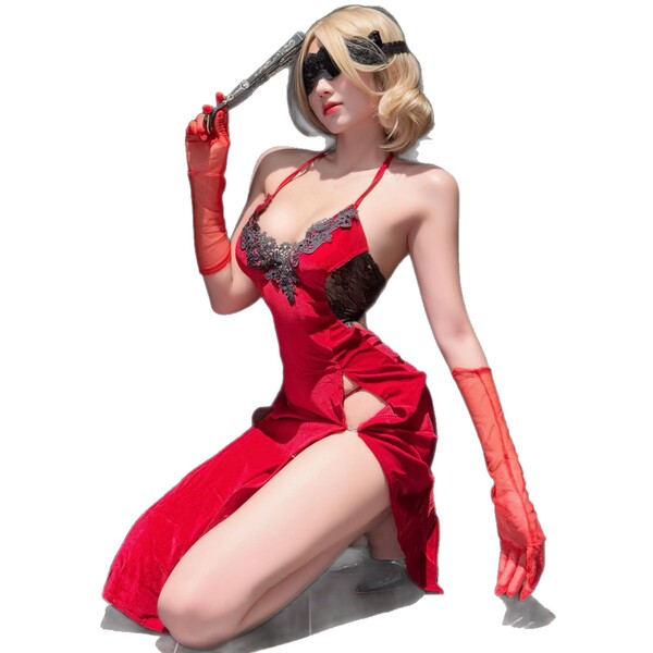 A woman poses in a red lace bodysuit with gloves, holding a cane, embodying a seductive and elegant style.
