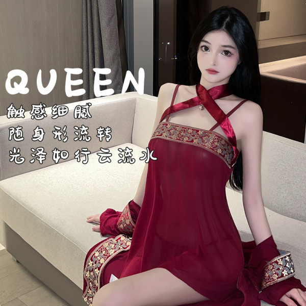 Woman in red hanfu-style lingerie with intricate embroidery, featuring a modest yet sexy open-crotch design for sleepwear or ...