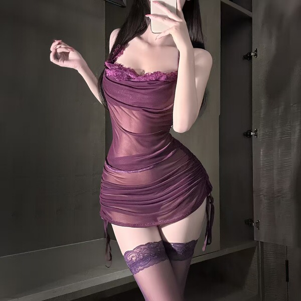 Woman wearing purple lace-trimmed bodysuit with sheer bodycon skirt, matching thigh-highs — modest yet sexy lingerie set for ...