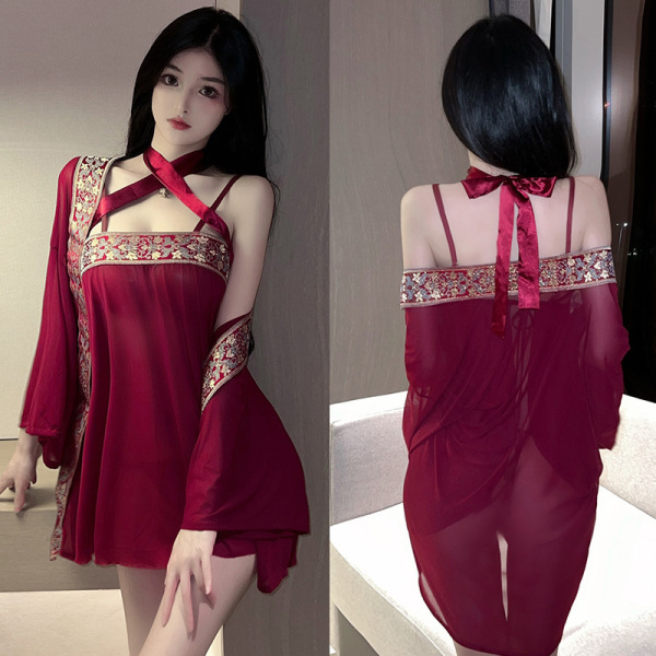 Woman modeling red hanfu-style lingerie set with open-crotch design, sheer fabric, and embroidered trim—modest yet seductive ...