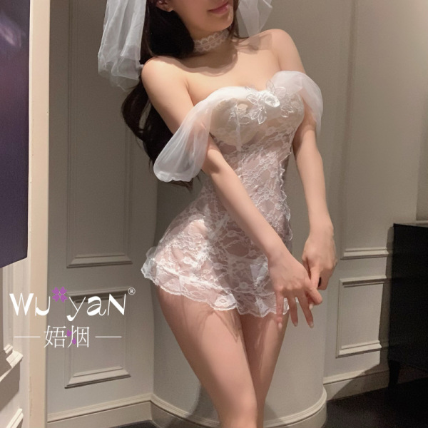 Model wearing white lace bridal lingerie set with veil, choker, and off-shoulder sleeves — modest yet sexy sleepwear for cosp...