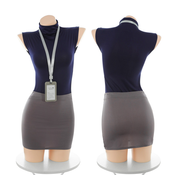 Pure & seductive lingerie set - modest yet sexy secretary cosplay sleepwear with pencil skirt, featuring a navy top and gray ...