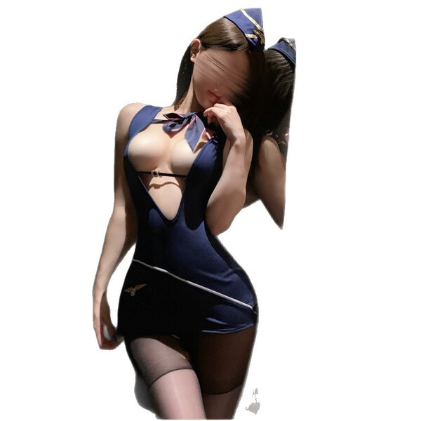Woman in navy blue airline-themed lingerie set with skirt, sheer stockings, and matching hat—modest yet seductive sleepwear.