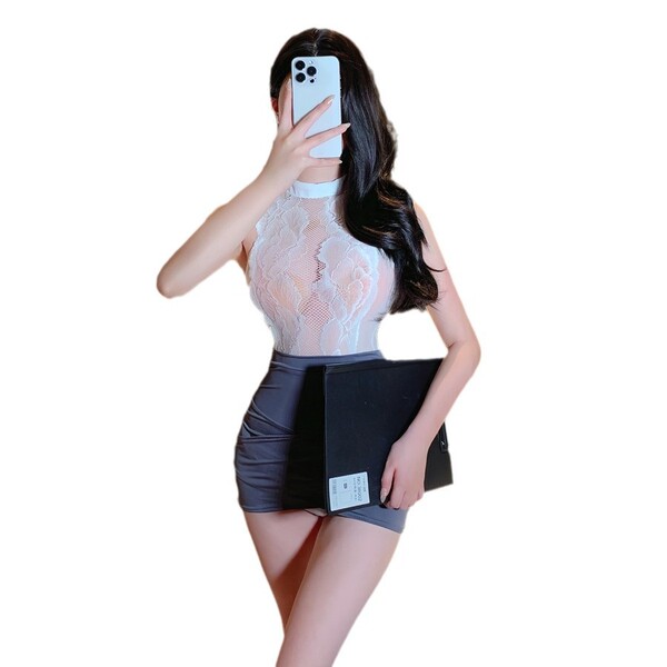 Woman in white lace top and gray secretary skirt holding a black folder, showcasing the pure & seductive lingerie set.