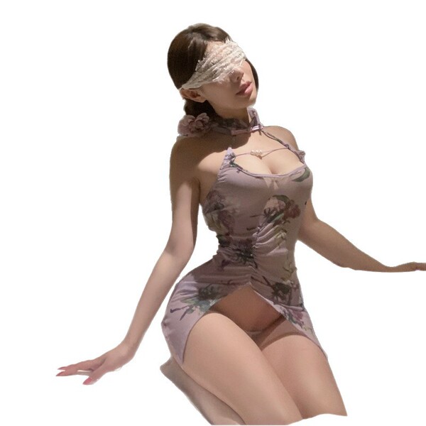 Woman wearing a lavender floral qipao-style lingerie set with sheer mesh, blindfolded and posing seductively.