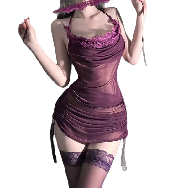 Woman wearing purple lace-trimmed bodysuit with sheer skirt and matching thigh-highs, elegant sleepwear or cosplay look.
