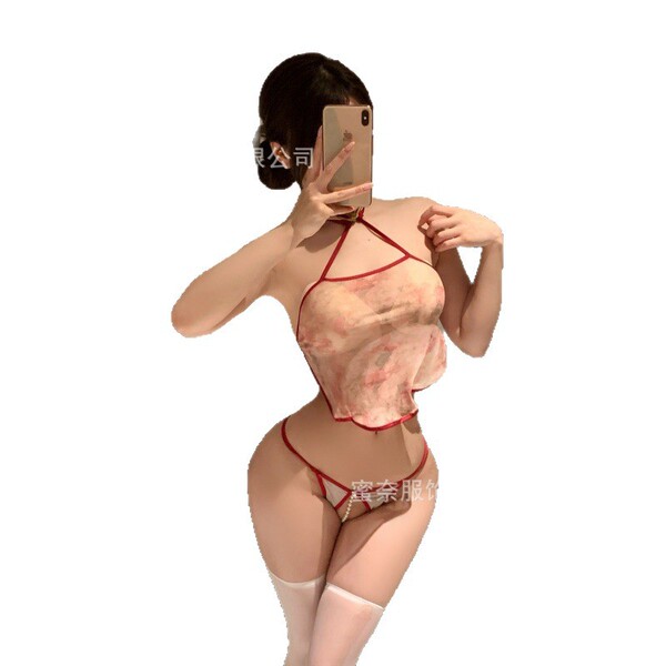 Modest yet sexy design, featuring a sheer bodysuit with delicate floral patterns and red accents. perfect for sleepwear or un...