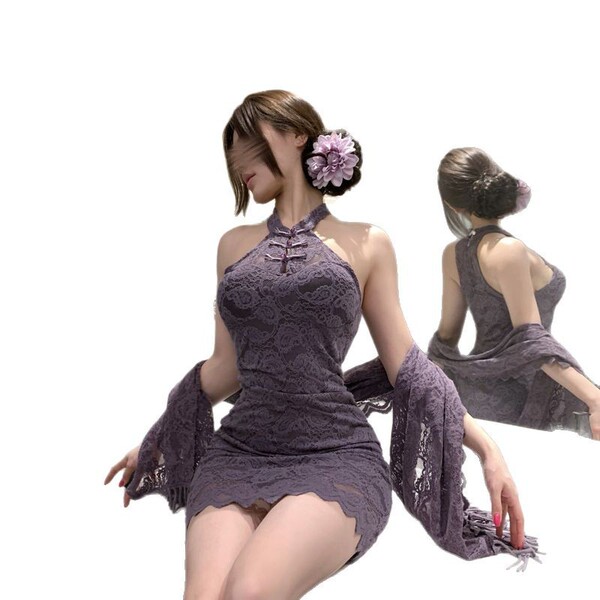 Woman in elegant purple lace qqny silk-look cheongsam bodysuit with high-waisted pencil skirt, floral hair accessory.