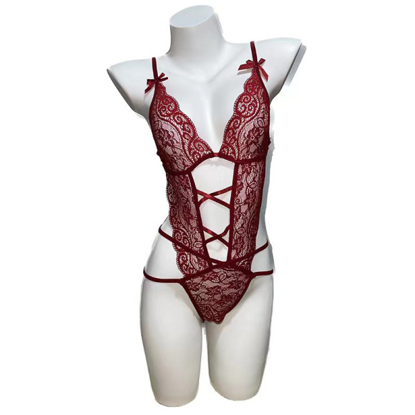 Elegant burgundy lace bodysuit with intricate floral patterns and delicate bow accents, showcasing the pure & seductive linge...