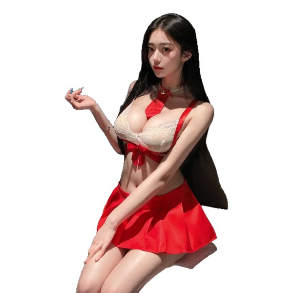 Woman modeling red and white lace lingerie set with bodycon skirt, styled as a sexy jk uniform outfit.
