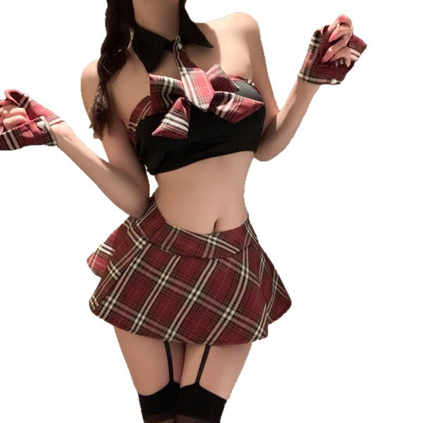 Sexy jk uniform lingerie set with plaid skirt, crop top, and matching accessories for women. pure & seductive qqny style outf...