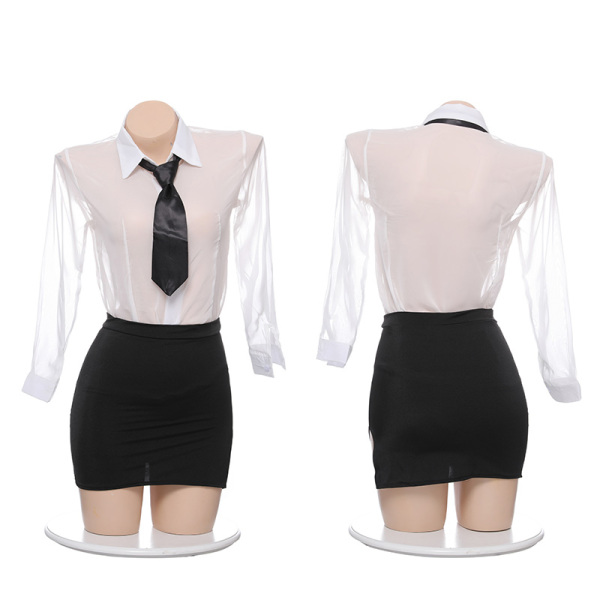 Sheer white blouse with black tie and mini skirt - pure & seductive lingerie set, sexy sleepwear for women.