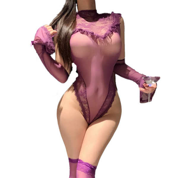 Woman wearing purple lace lingerie set with sheer sleeves and thigh-high stockings, holding a glass.
