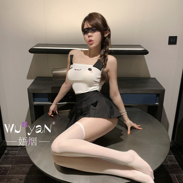 Elegant black and white lingerie set featuring a playful cat design, perfect for a sensual secretary-inspired look.