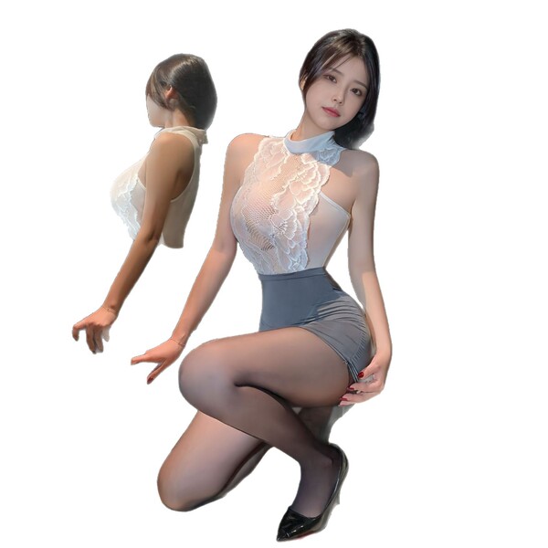 Woman in white lace lingerie set with gray pencil skirt, black stockings, and heels – elegant secretary-style sleepwear outfi...