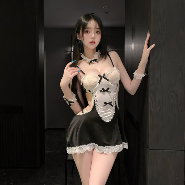 Sexy maid costume with lace details, perfect for cosplay, date night, or themed parties. includes corset-style top and skirt.