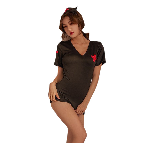 Woman in black nurse costume with red cross, open-crotch design, backless skirt, and matching hat for role play.