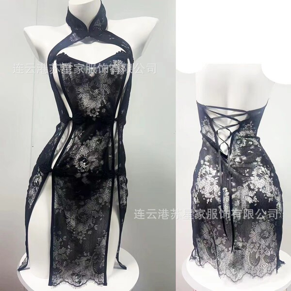Black lace qipao lingerie set with halter neck and open sides, displayed on mannequin front and back views.