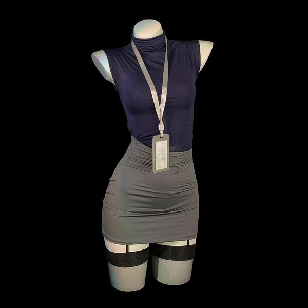 Pure & seductive secretary skirt set - air hostess costume with lanyard, modest yet alluring nightclub lingerie outfit.