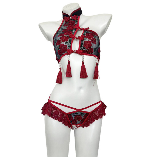 Pure & seductive sheer cheongsam lingerie set - embroidered open-crotch sleep dress with matching robe