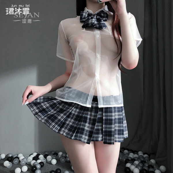 Pure & seductive student-style jk uniform set - sexy pleated mini skirt role play outfit featuring sheer blouse and plaid ski...