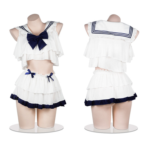 Pure & seductive student role play lingerie set - cute jk style with ruffled top and skirt, perfect for bedroom outfits.