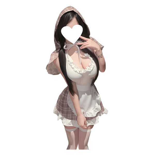 Woman in a premium maid costume with a plaid hood and apron, featuring a seductive white lingerie set for couples role play.