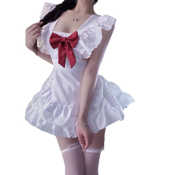 Pure & sexy cosplay maid costume - bow backless pleated dress with lace details and red ribbon, perfect for couples date outf...