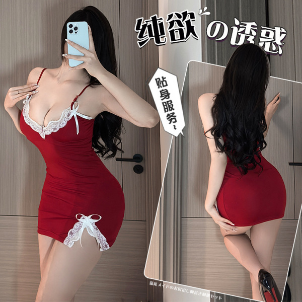 Woman modeling red pure & sexy lace bodysuit with sheer mesh, padded bra, and bow details — perfect for lounge or nightwear.