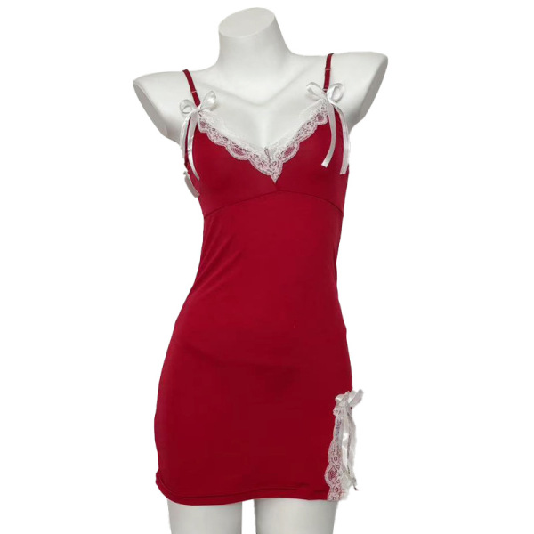 Red lace bodysuit with white trim and bows, featuring a built-in padded bra, perfect for lounging or as nightwear.