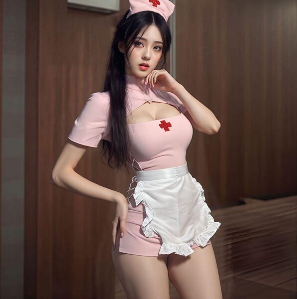 A woman models a playful nurse costume set featuring a pink bodice with a slit, white apron, and headband, perfect for cospla...