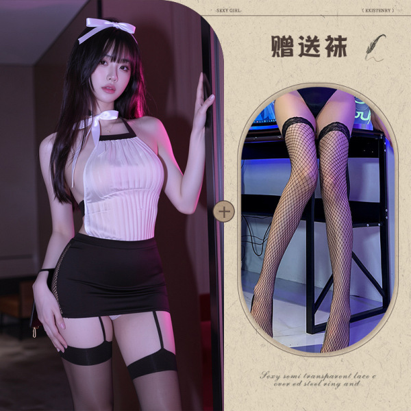 Women's Seductive Lace Backless Bodycon Set - Busty Alluring Role Play Lingerie Outfit - Pure white + black fishnet stockings