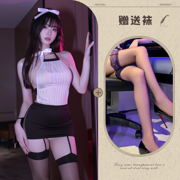 Women's Seductive Lace Backless Bodycon Set - Busty Alluring Role Play Lingerie Outfit - Pure white + black stockings
