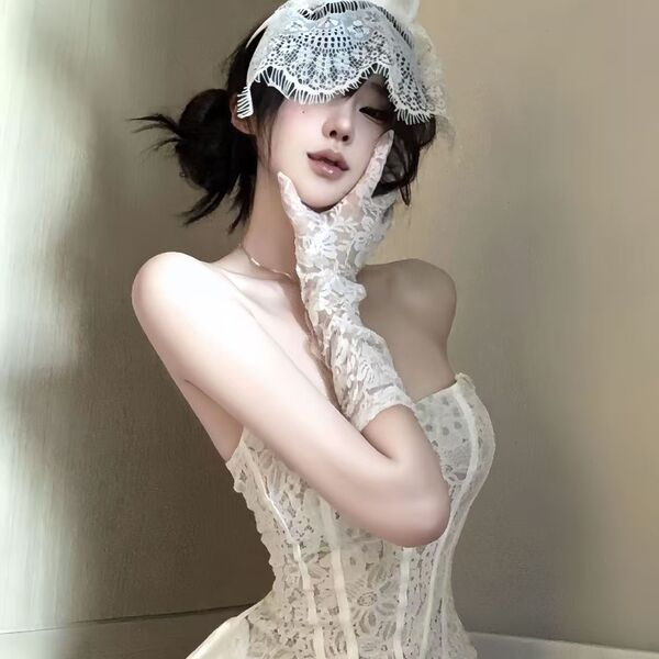 Taoxitang Sexy Lingerie Set - Seductive Sheer Lace Sleep Dress & Matching Costume Outfit for Women - Pure White Set [Long Skirt + T-shirt]