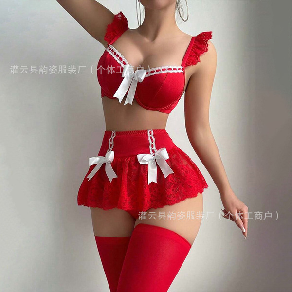 Pure & spicy womens summer lingerie set featuring a red bikini with white bows, perfect for adults seeking sexy sleepwear.