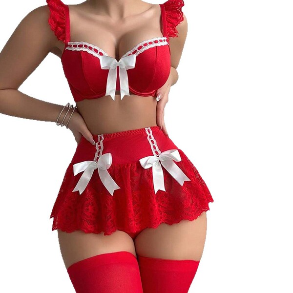 Pure & spicy womens summer lingerie set featuring a red bralette with white bows, matching lace skirt with additional bows, a...